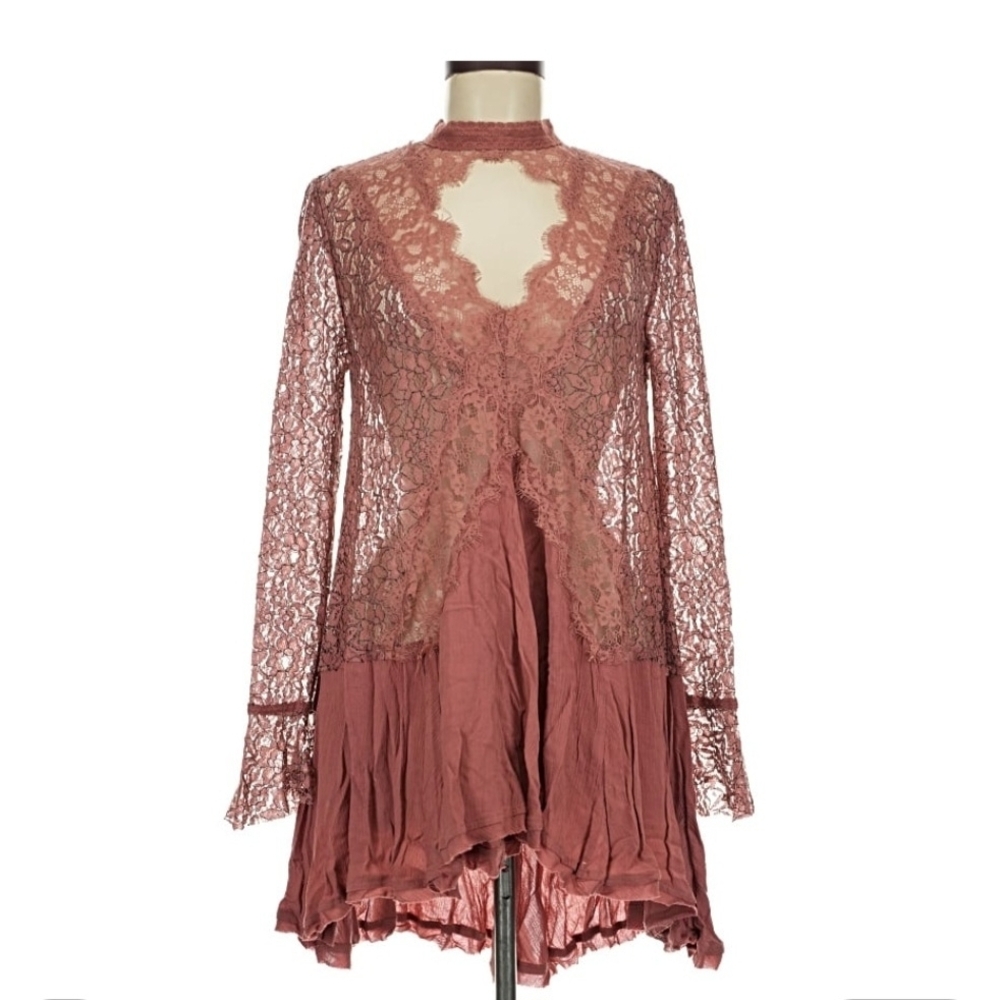 Free People Lace Long Sleeve Mini in Mauve